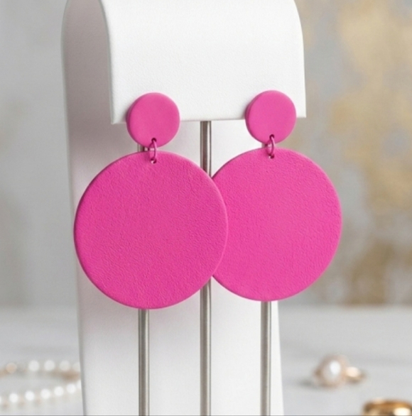 Vibrant Pink Circle Earrings. - Picture 2 of 5
